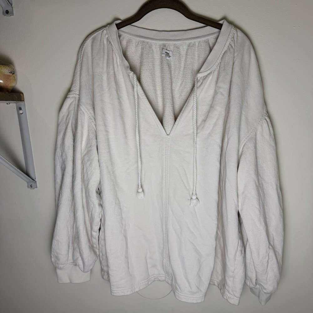 Aerie Oversized Split Neck Braided Tassel Gauze Cozy Lounge Wear White Heavy Med
